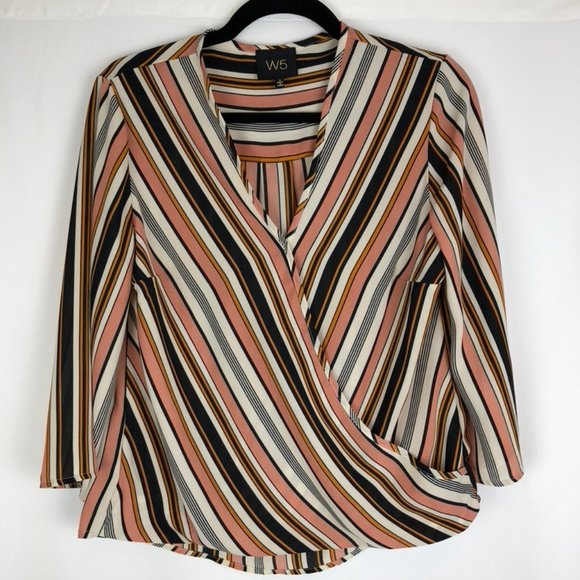 W5 Faux Wrap Stripe 3/4 Sleeve Blouse